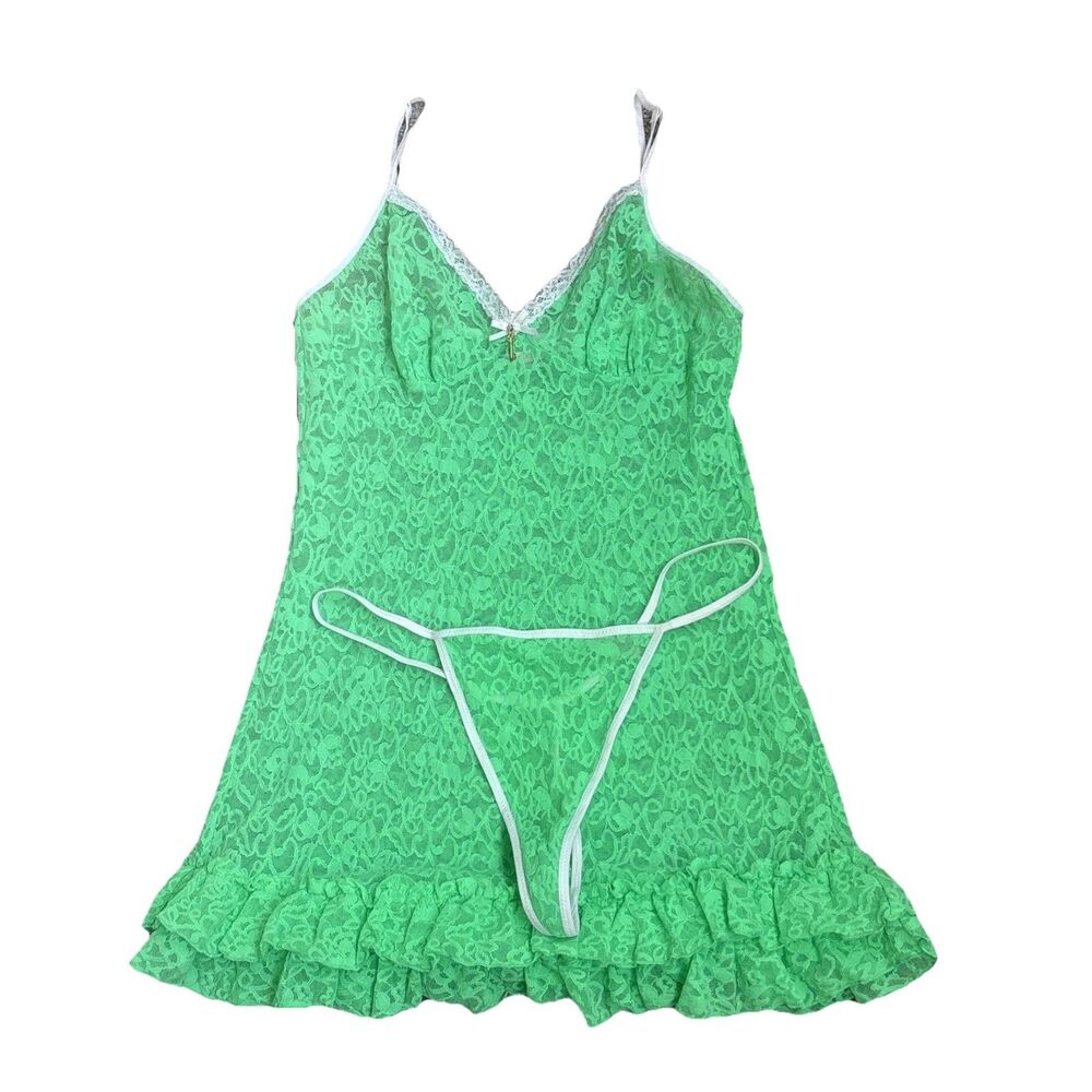 Victoria’s Secret VTG Rare Key Charm Lace Naughty Chemise & G-String Set Green L